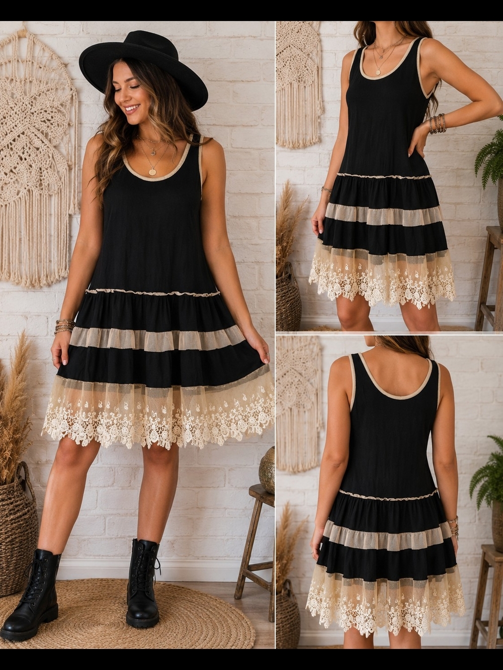 Boho Chic Tank Dress M Black Ivory Lace Tiered Flowy 70s Revival Romantic